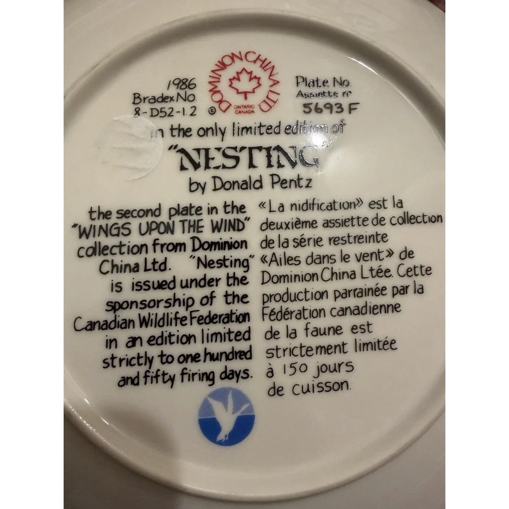 Donald Pentz Nesting Collector Plate 1986 Dominion China Canada Geese Wildlife